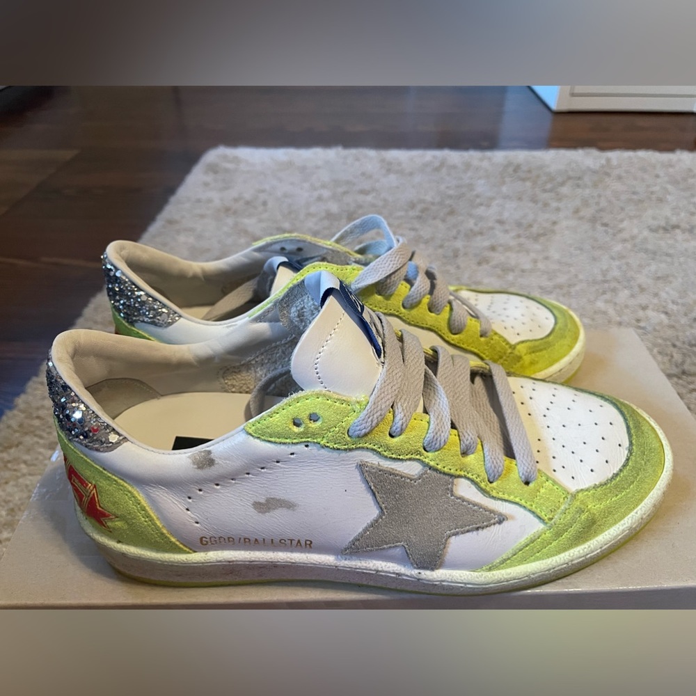 Golden Goose White Ball Star sneakers with fluorescent yellow inserts & glitter